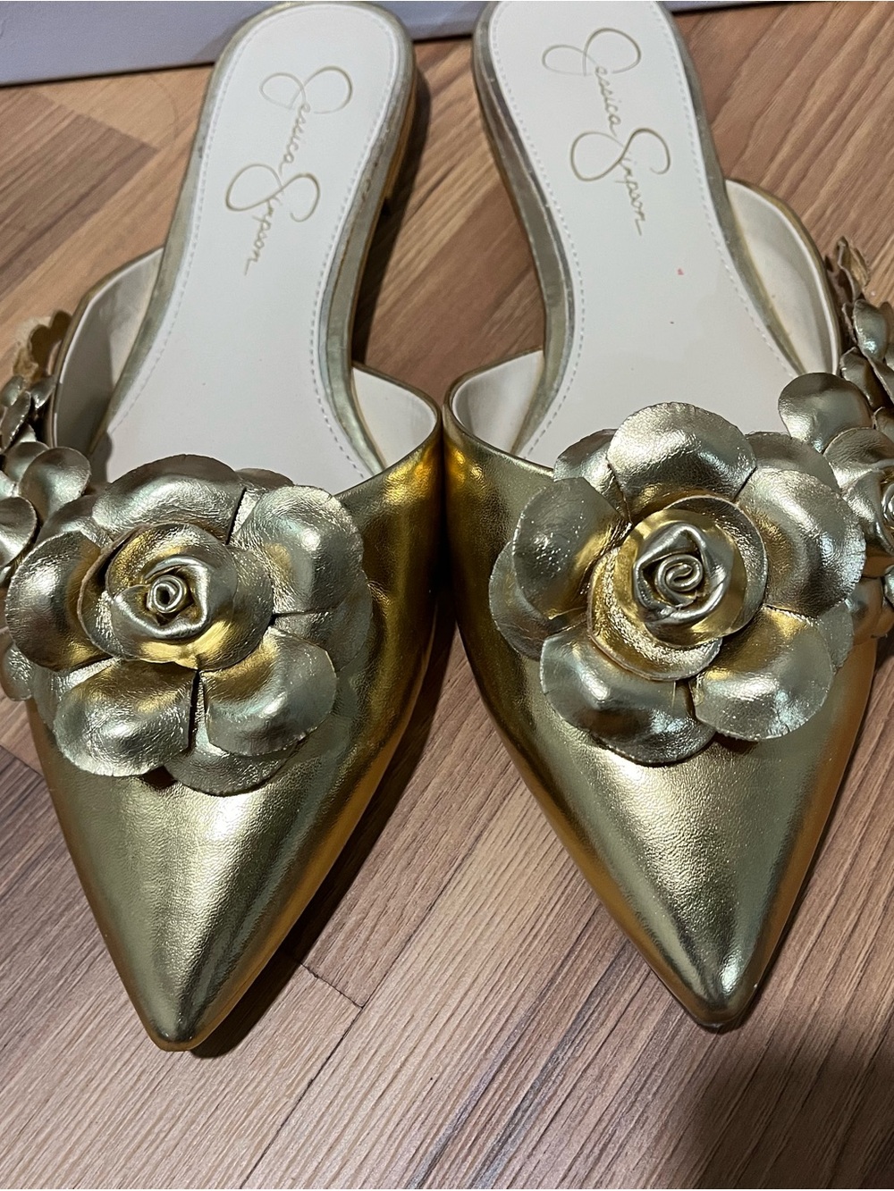 Jessica Simpson Metallic Gold Pointed Floral Slip-On Mules